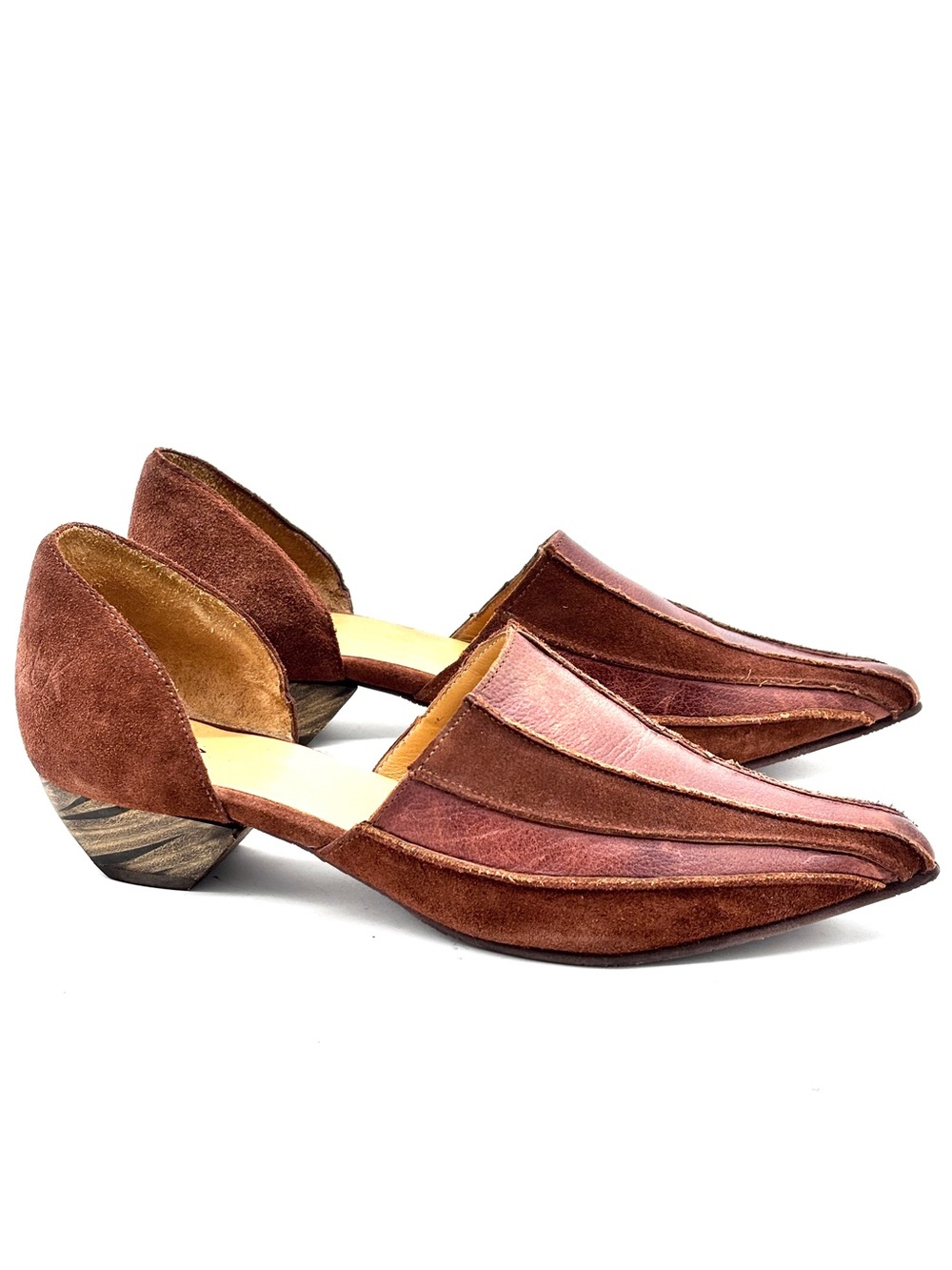 John Fluevog Jessica Brown Leather Suede Slip on Heels - Picture 2 of 6